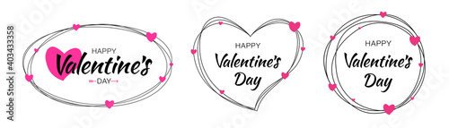 Valentines day card set. Scribble white line frames with hand drawn typographic lettering on white background with pink hearts. Valentine banner. Vector illustration