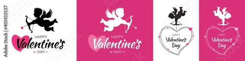 Valentines day card. Cupid silhouette with bow and arrow. Flying Angel. Amur symbol of love for Valentine's Day. Wedding invitation card. Valentine background. Vector illustration.