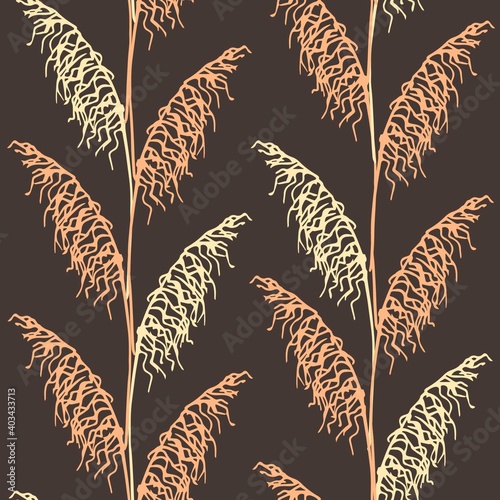 Hand-drawn simple vector floral seamless pattern. Beige panicles of pampas grass on a dark background. For fabric prints, textile products, apparel, home decor.
