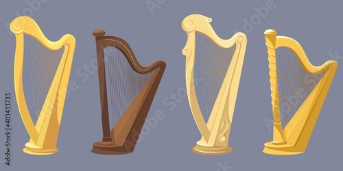 Set of different harps. Vintage musical instruments.