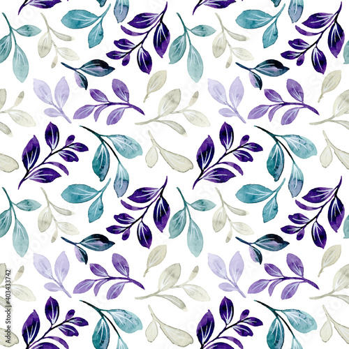 Seamless pattern with purple green leaves watercolor