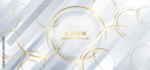 Abstract gold circles lines overlapping on diagonal lines white background.