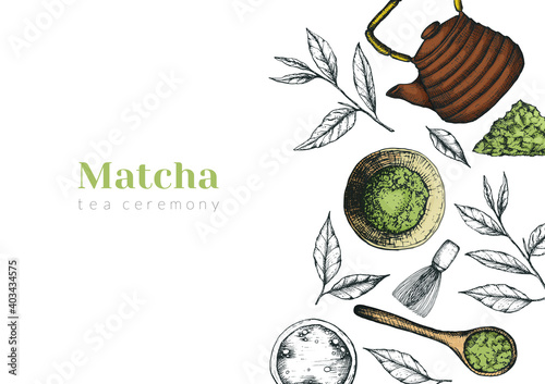 Vector illustration of an advertising horizontal banner of tea matcha. Flyer or post about a tea ceremony or product