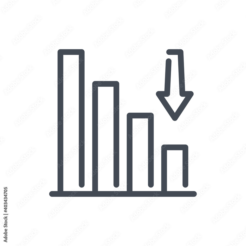 Financial downturn and Decrease line icon. Chart with stack of coins and arrow down vector outline sign.