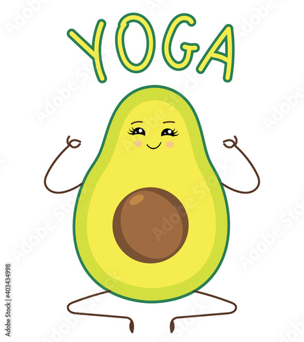 Cute smiling happy avocado meditate in yoga pose. Cartoon character doing asana. Exersises for pregnant women. Kawaii