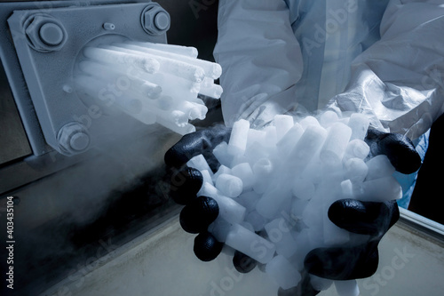 Dry ice in production ( the solid form of carbon dioxide)