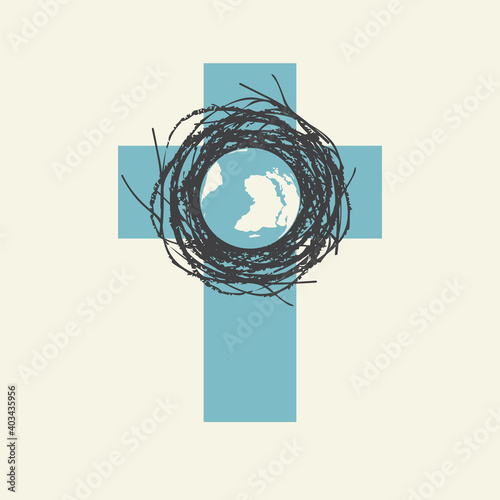 Abstract religious banner with the Planet Earth in the bird nest inside the cross. Creative vector illustration, religious symbol, icon, logo, t-shirt graphic, design element