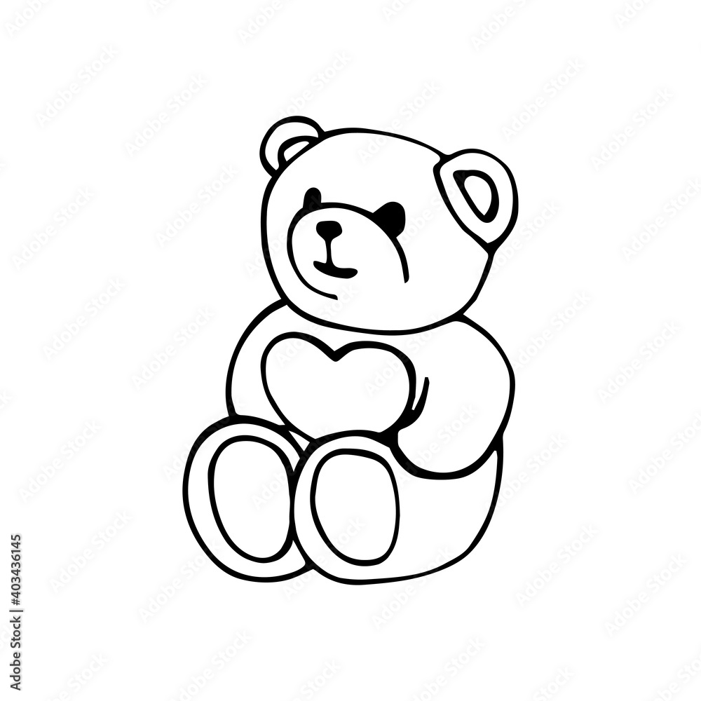 Obraz premium A contoured teddy bear holds a heart in its paws. Valentine's Day concept, hand drawn vector illustration isolated on white background.