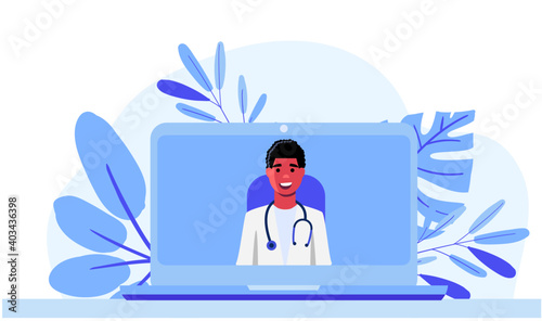 online healthcare and medical consultation and support services concept, doctor teleconferencing with stethoscope on computer laptop screen, conference video call, new normal, flat vector illustration
