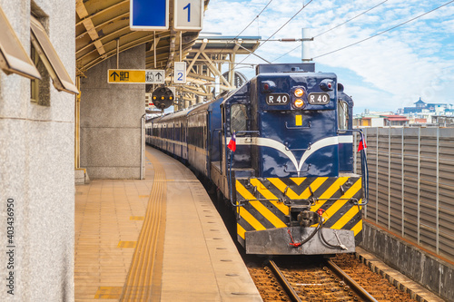 Heritage train stop at Chaozhou railway station in pingtung, taiwan. Translation: Exit photo