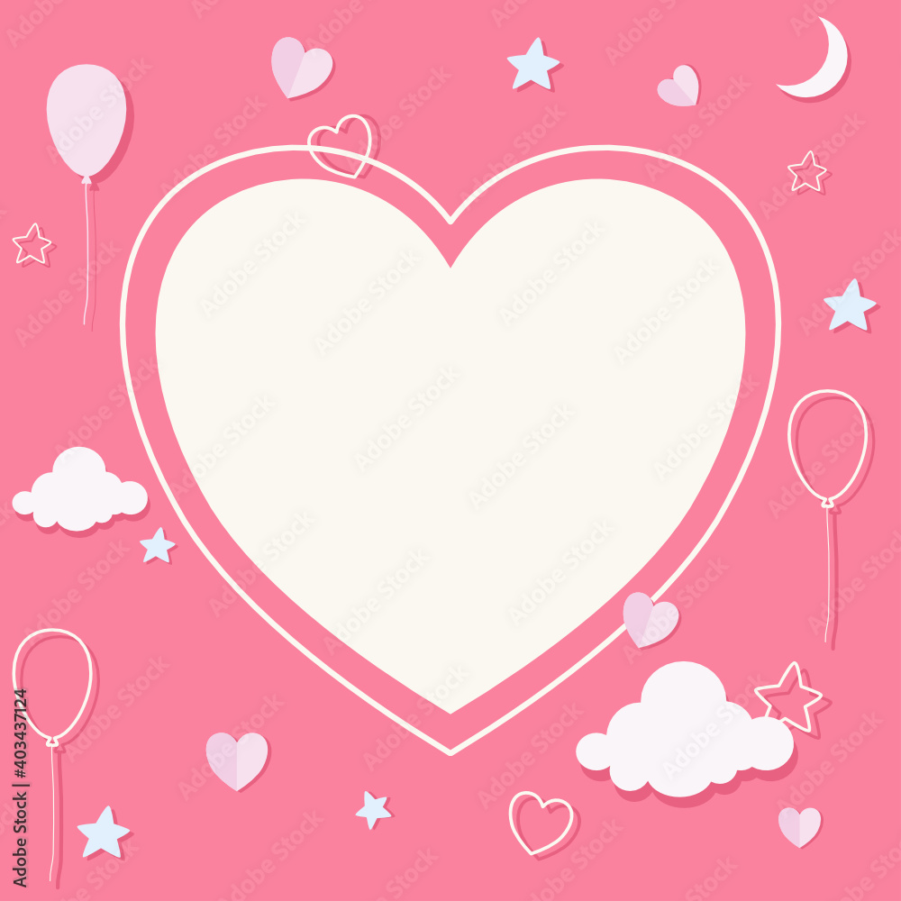 Happy Saint Valentine's day paper cut card. Heart frame, balloon, cloud and Glittering stars. vector.