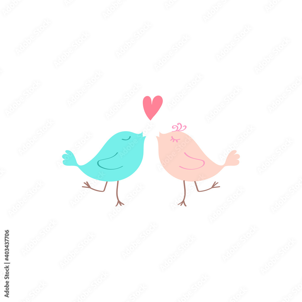 Hand-drawn two lovebirds. Pink and blue bird with a heart. Illustration of doodles for Valentine's Day. Vector design element for greeting and wedding cards, invitations. Illustration in cartoon styl