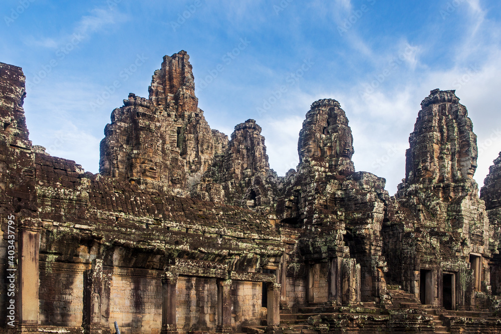 General view of some face towers in the Bayon temple in Angkor Thom, Angkor. Cambodia.