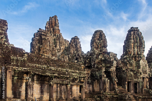 General view of some face towers in the Bayon temple in Angkor Thom, Angkor. Cambodia.