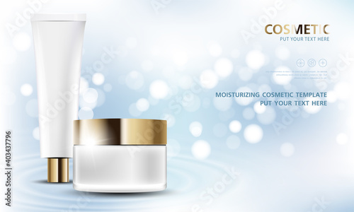cosmetic product poster, bottle package design with moisturizer cream or liquid, sparkling background with glitter polka, vector design.