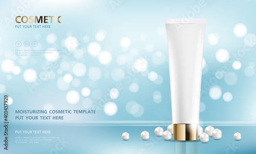 cosmetic product poster, bottle package design with moisturizer cream or liquid, sparkling background with glitter polka, vector design.