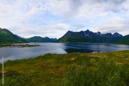 Sildpollneset Peninsula in Austnesfjorden with Higravtind (1148m), Austvågøya Island, Lofoten Archipelago, Norway photo