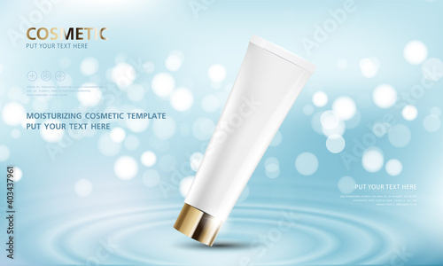 cosmetic product poster, bottle package design with moisturizer cream or liquid, sparkling background with glitter polka, vector design.