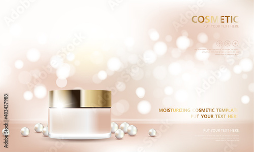 cosmetic product poster, bottle package design with moisturizer cream or liquid, sparkling background with glitter polka, vector design.