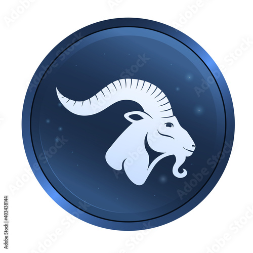 Black zodiac sign Capricorn depicting a goat head with huge horn in a circle. Side view. Illustration of an astrology sign. Vector flat design icon of a Mountain goat