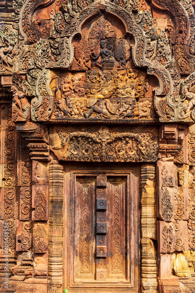 Blind door in Banteay Srei temple, Angkor region, Cambodia.