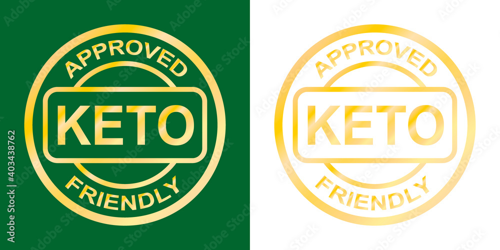 Keto approved friendly stamp. Ketogenic diet. Love keto. Gold round frame. Plant based vegan food product label. Logo or icon. Sticker.