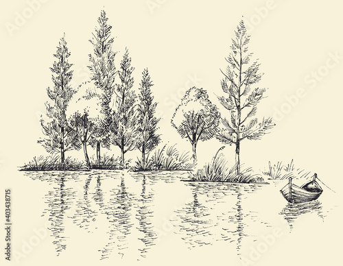 Small boat on calm water, lake drawing, sketched border of trees in the background © Danussa