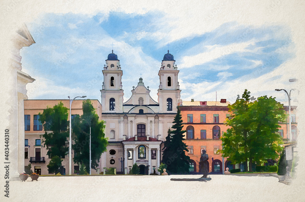 Watercolor drawing of Minsk: Cathedral of Holy Name of Saint Virgin Mary Roman Catholic church baroque style building on Freedom Svabody square