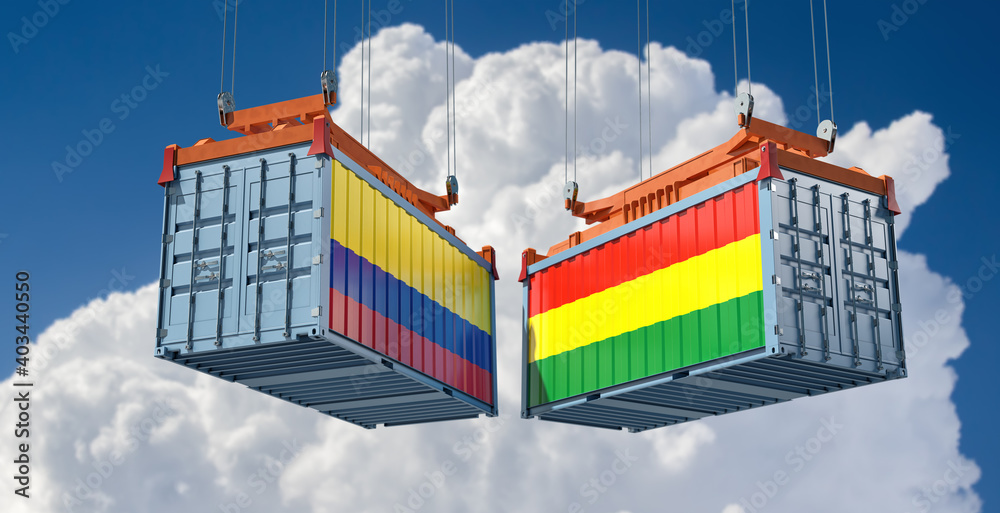 Freight containers with Bolivia and Colombia national flags. 3D Rendering 