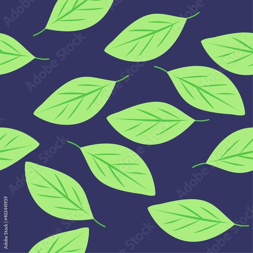 seamless pattern with leaves  blue background vector drawing  dark blue and green colors