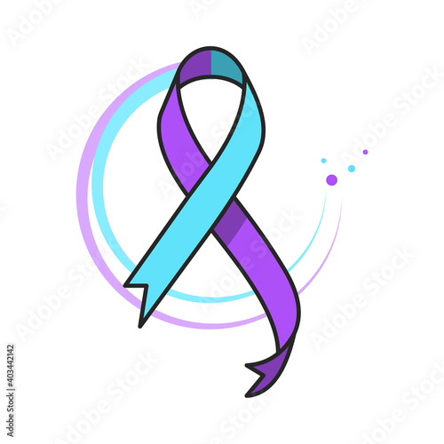 Suicide awareness teal purple ribbon. Flat style illustration. Isolated on white background. 