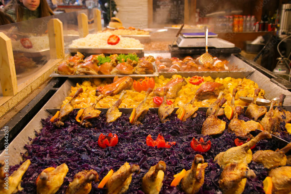 Delicious food at christmas market Budapest, street market, Hungary