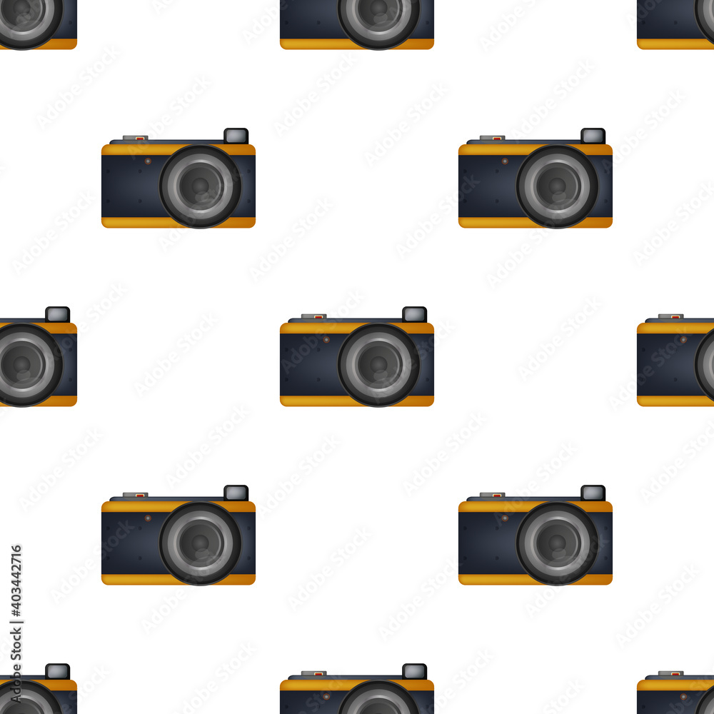 Seamless pattern with flat cameras with flash. Vector background for your creativity