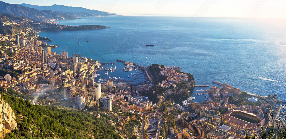 Fototapeta premium Principality of Monaco aerial panoramic coastline view