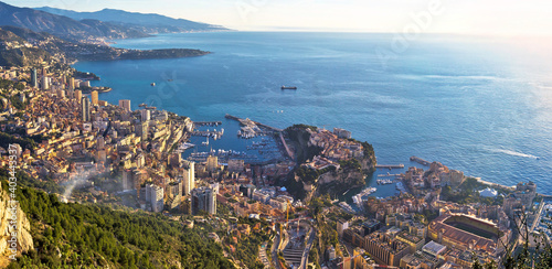 Principality of Monaco aerial panoramic coastline view