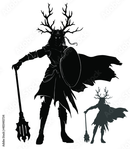 The silhouette of a female knight, she is a guardian of the forest with huge horns on her head, she has a heavy mace, shield, and cloak, she looks directly at the viewer with aggression and disbelief.