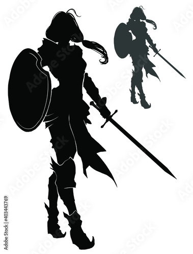 Silhouette of a girl knight with pigtails gracefully walks with a sword and shield in her hands, she is in plate armor, with patterns of wings here and there. 2d illustration