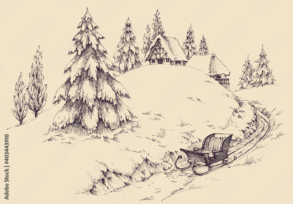 Winter season in the village landscape, pine trees and small houses, a sleigh in the snow