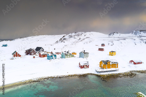 Aerial view of the fishing village of Veines in winter, Kongfjord, Varanger Peninsula, Troms og Finnmark, Norway, Scandinavia, Europe photo