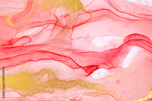 Abstract layers of red paint background. Pink and gold watercolor pattern.