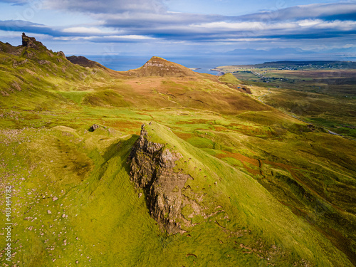 Aerial of the rugged mountain landscape of the Quiraing, Isle of Skye, Inner Hebrides, Scotland, United Kingdom, Europe