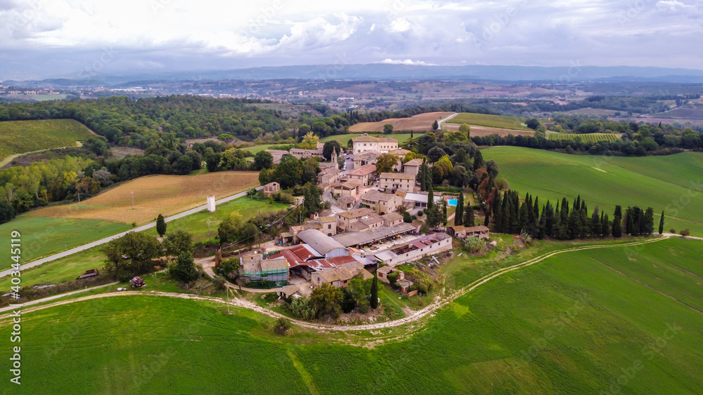 aerial view of tuscan hill in Colle di Val d'elsa, Chianti region, Siena province. Tuscany region, Italy. Farmhouse Tenuta di Mensanello.