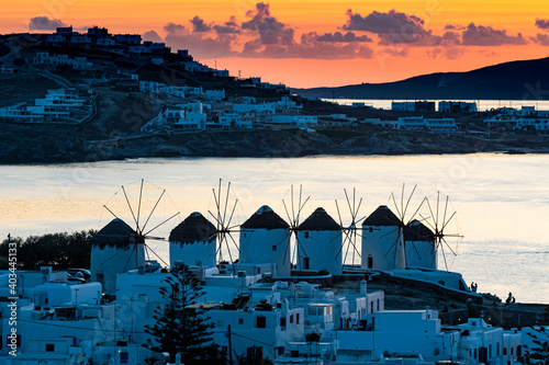 The Windmills (Kato Milli) at sunset, Horta, Mykonos, Cyclades, Greek Islands, Greece, Europe photo