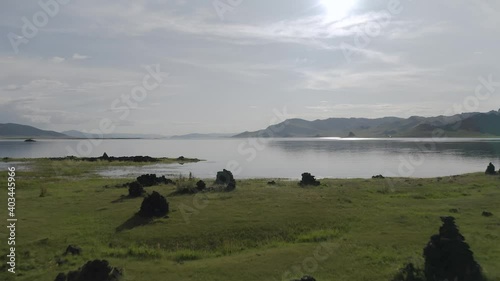 drone footage of grassland and wide Terkhiin Tsagaan lake at Mongolia  photo