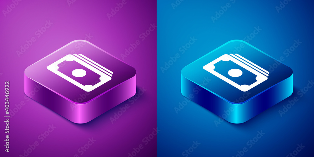 Isometric Stacks paper money cash icon isolated on blue and purple background. Money banknotes stacks. Bill currency. Square button. Vector Illustration. Isometric Stacks paper money cash icon isolated on blue and purple background. Money banknotes stacks. Bill currency. Square button. Vector Illustration.