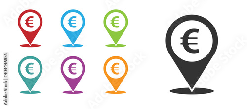 Black Cash location pin icon isolated on white background. Pointer and euro symbol. Money location. Business and investment concept. Set icons colorful. Vector Illustration.