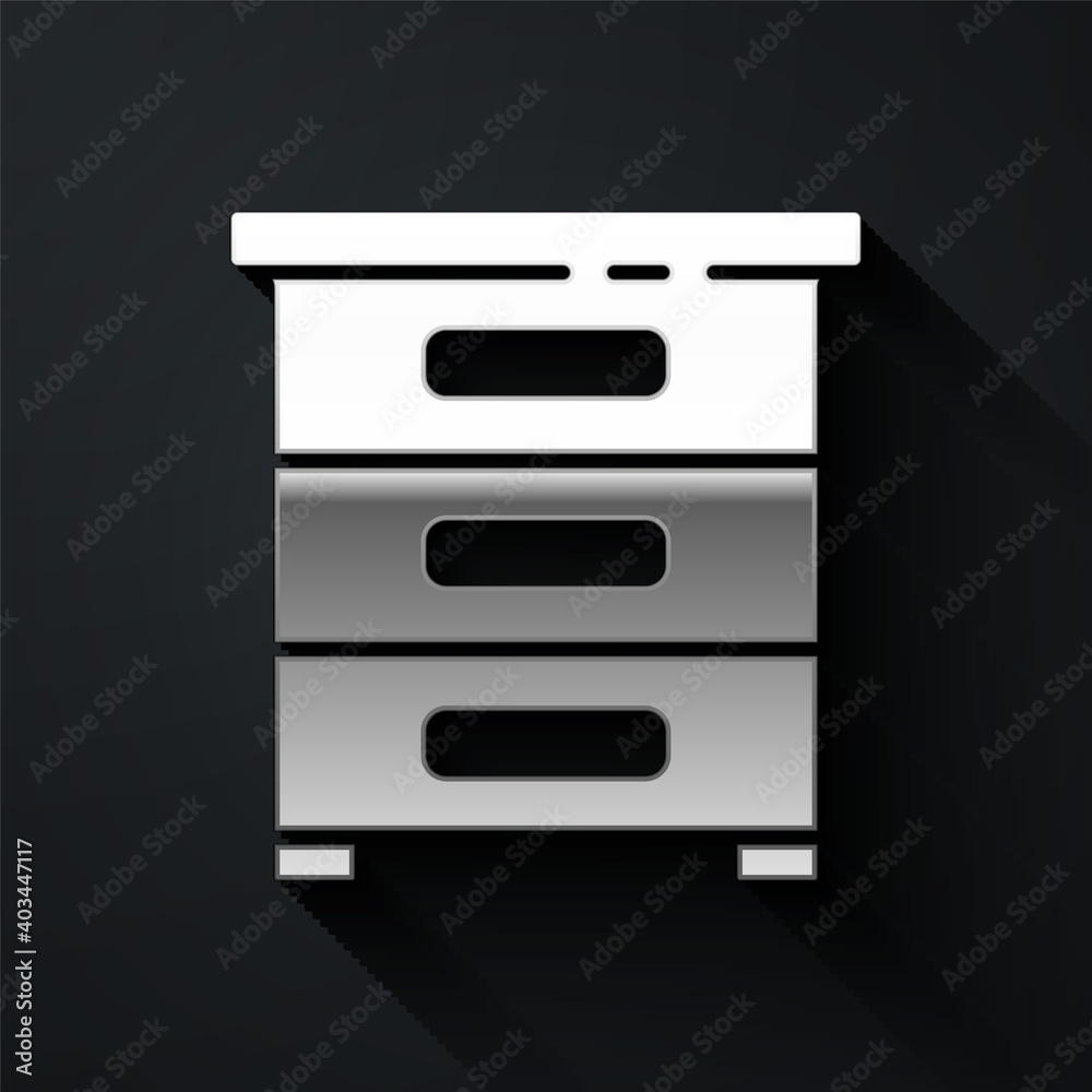 Silver Drawer with documents icon isolated on black background. Archive papers drawer. File Cabinet Drawer. Office furniture. Long shadow style. Vector Illustration. Silver Drawer with documents icon isolated on black background. Archive papers drawer. File Cabinet Drawer. Office furniture. Long shadow style. Vector Illustration.
