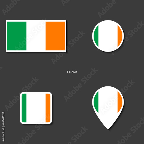 Ireland flag set icon in different shape (rectangle, circle, square and marker ) on dark grey background. Ireland flag collection on barely dark background.