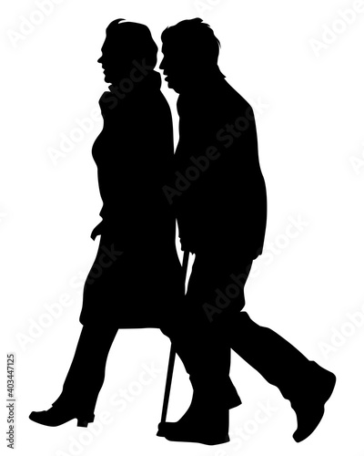 Elderly woman and man with a stick is walking down the street. Isolated silhouette on a white background
