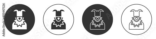 Black Joker head icon isolated on white background. Jester sign. Circle button. Vector.